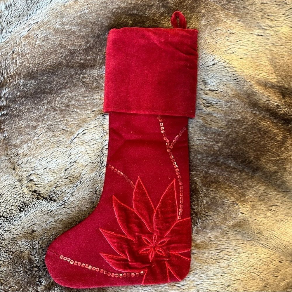 Crate & Barrel Red Poinsettia Stocking Velvet and Wool